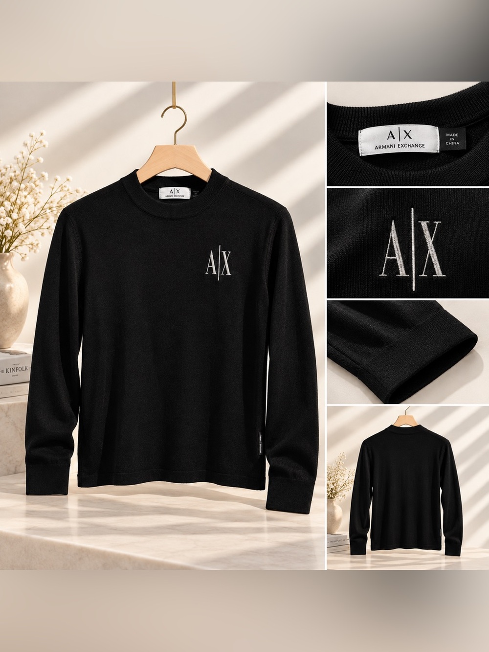 Armani Exchange Black Long-Sleeve Crewneck Sweater with A|X Logo